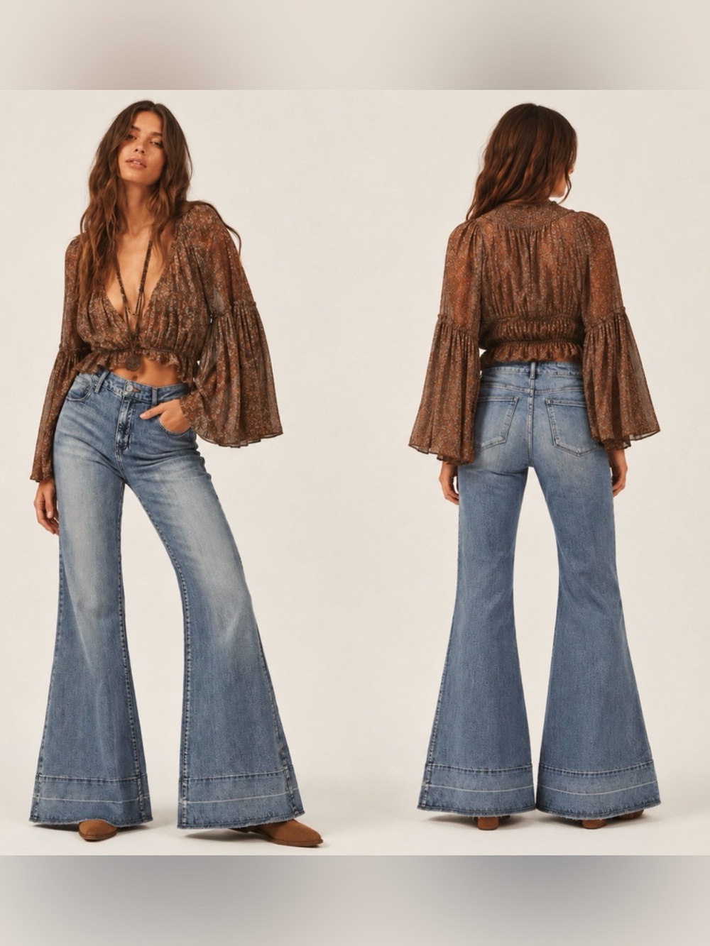 Women's Wide Leg Flare Washed High 70’s Inspired Boho High Rise Jeans Size 1X
